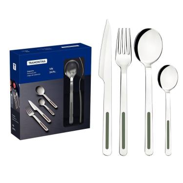 Imagem de Faqueiro Tramontina Vik Em Aço Inox Com Detalhes Em Polipropileno Oliva 24 Peças Tramontina