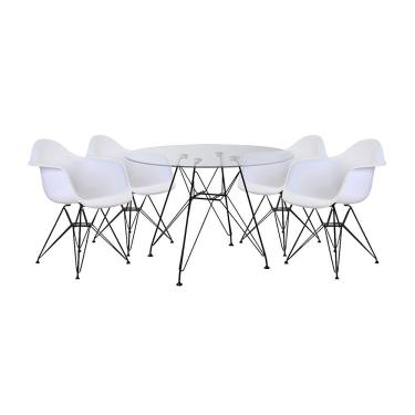 Imagem de Mesa De Jantar Vidro Redonda 90Cm Com 4 Poltronas Brancas Ferro Preto Branco