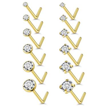 Imagem de Vsnnsns 18G, 20G, 22G, piercing de nariz, joias para mulheres, aço inoxidável cirúrgico 316L, saca-rolhas em forma de L, anéis de nariz reto, zircônia cúbica, piercing de narina, joias para mulheres e