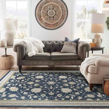 Imagem de EVERGRACE Tapetes Para Sala De Estar 8X10, Lã Sintética Com Estampa Floral Boho Áreas Internas E Externas, Laváveis Quarto, Jantar, Entrada Cozinha, Tapete Pelo Baixo Decoração Casa, Azul-Marinho