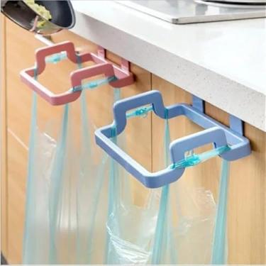 Imagem de Suporte Plástico para Porta de Armário, Organizador Suspenso para Sacos de Lixo e Panos de Prato, Azul e Rosa