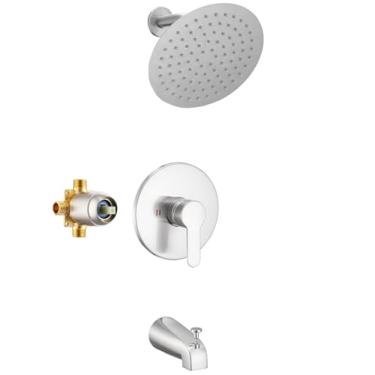 Imagem de GGStudy Conjunto de torneira de chuveiro de níquel escovado torneira de chuveiro com 20 cm redondo cabeça de chuveiro de chuva e bico de banheira conjunto de torneira de banheira completo incluído