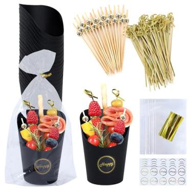 Imagem de 100 copos de charcutaria com palitos + 200 palitos de coquetel, suporte descartável para batatas fritas com palitos de bambu, 350 ml, papel kraft marrom, para aperitivo, acessórios para tabuleiros de