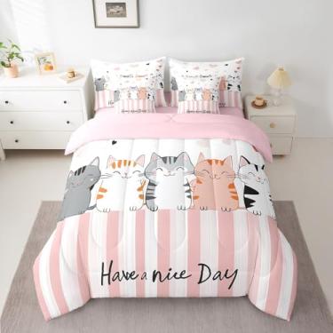 Imagem de Jogo de cama casal de 7 peças para crianças, meninos, meninas, desenho kawaii, gatos de estimação, com estampa kawaii, para amantes de gatos, lençol com listras geométricas rosa gradiente