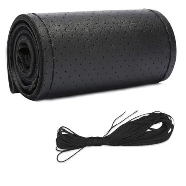 Imagem de Capa de volante de couro de microfibra, costura DIY com agulha e linha, protetor de volante de carro antiderrapante respirável, universal de 38 cm, costura automática para volante (preto, orifício
