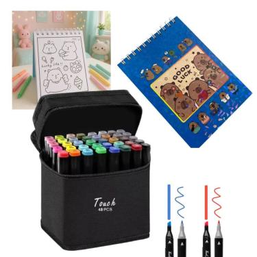 Imagem de Canetinhas 48 Cores Livro Colorir Capivara Fofa 50 Paginas Caderno capa Dura Estojo Pintura Hobbie Lazer