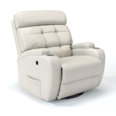 Imagem de Poltrona do papai Reclinável Elétrica Bivolt Com base Giratória e Balanço em Couro Bovino - Modelo Florença (Off White)