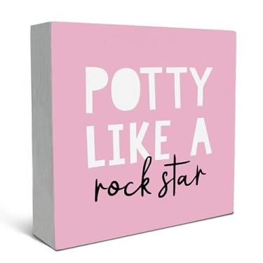 Imagem de SRADMO Citação de banheiro infantil penico como uma estrela do rock caixa de madeira decoração de mesa, decoração de mesa engraçada banheiro bloco de madeira para crianças banheiro prateleira de