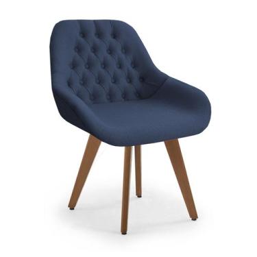 Imagem de Poltrona Base Fixa Pé Madeira Capitonê Pandora - Zari Decor, Linho Blu