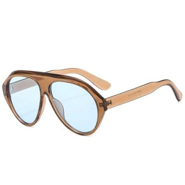 Imagem de VFDHN Óculos de sol grandes da moda para mulheres, retrô, cor de doce, UV400, masculino, esportivo, para dirigir (azul-chá)