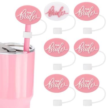 Imagem de Honeydak 6 peças de cobertura de palha de silicone branco e rosa capa de noiva com canudo de 8 mm reutilizável à prova de vazamento para presentes de dama de honra de casamento decoração de despedida