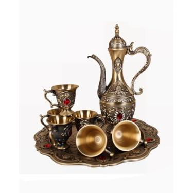 Imagem de Conjunto de xícaras de café turco vintage com bandeja e 6 xícaras de café retrô conjunto requintado de pote de vinho decorativo vintage conjunto de serviço de chá para decoração de festa em casa (cor