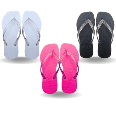 Imagem de Chinelo Ortopedico Feminino,Kit 3 Chinelos Feminino Quadrado de Borracha Correia de Glitter SandáLia Rasteirinha ConfortáVel(Preto, Branco, Rosa,numeric_35)