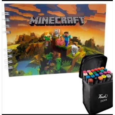 Imagem de Kit Livro de Colorir Minecraft Capa Dura + 24 Canetinhas de Ponta Dupl