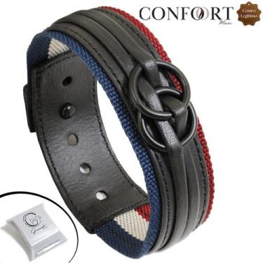 Imagem de Pulseira de Couro Preto Ajustável Arcos Entrelaçados Argolas Artesanal