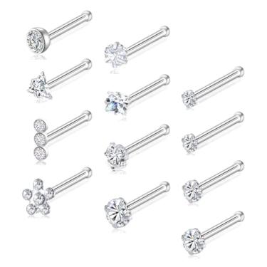 Imagem de Tornito 12 peças de piercing de nariz de aço inoxidável 20G parafuso L osso shpaed narina piercing triângulo flor quadrado coração pentagrama redondo CZ piercing de nariz joia para mulheres homens tom