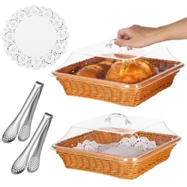 Imagem de 2 cestas de imitação de pão de vime, cestas de pão quadradas com tampas de acrílico, bandeja para servir comida de vime, inclui 150 guardanapos de renda que absorvem óleo, 2 pinças de aço inoxidável