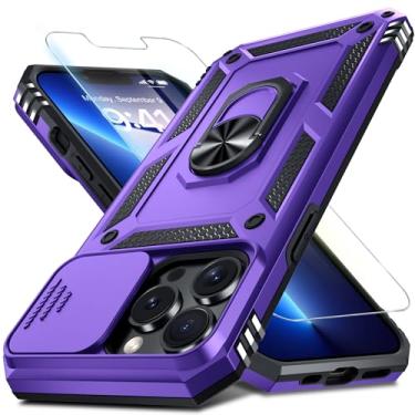 Imagem de Janmitta Capa para iPhone 12 Pro Max embutida para lente de câmera deslizante + protetor de tela, capa de celular resistente à prova de choque com suporte de anel de dedo, roxo