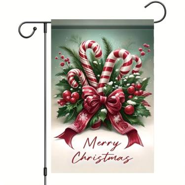 Imagem de Starlit Patio Bandeira de jardim de bengala doce de Natal 30 x 45 cm design de arco vermelho e frutas vermelhas ao ar livre banner de quintal bandeira de inverno dupla face decoração de jardim festivo