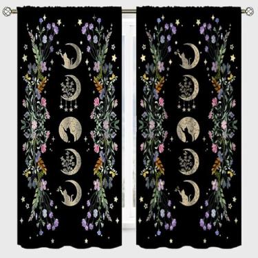 Imagem de Cortinas de quarto com flor de lua, fase lua gato preto planta natural luar boêmio impressão natural cortinas para sala de estar conjunto de 2 painéis 106 x 113 cm
