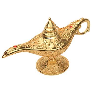 Imagem de LAUYOO Lâmpada clássica Aladding Magic Genie Legend Wishing Light Costume Lamp Queimador de incenso esculpido em metal para decoração de mesa de casa festa aniversário Halloween Natal tamanho 7 x 20,7