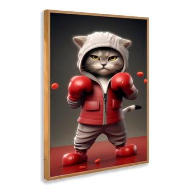 Imagem de Quadro Decorativo Gato Boxeador Roupa Vermelha Arte Divertida Animal Estilo Moderno Criativo Parede Infantil Com Moldura
