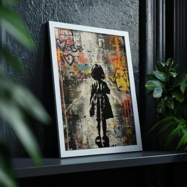 Imagem de Quadro Decorativo Menina Grafite Com Moldura Arte Urbana Criança Colorida Reflexiva Moderna Estilo Banksy Parede Criativa