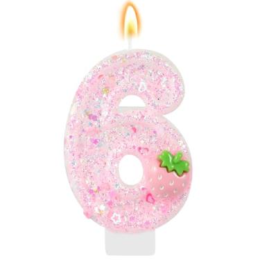 Imagem de IDIJOLI Vela rosa número 6 velas de morango aniversário topo de bolo decoração de cupcake para meninas e mulheres decoração de festa de morango aniversário comemorações suprimentos lembrancinhas