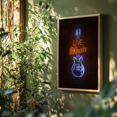 Imagem de Quadro Decorativo Live Music Com Moldura Arte Neon Guitarra Música Ao Vivo Parede Moderna Decor Rock Bar Estilo Noturno