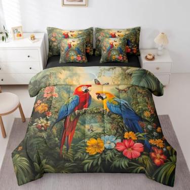 Imagem de Erosebridal Jogo de edredom Queen com estampa de papagaio, 7 peças, pássaro, tropical, lençol com elástico, lençol de cima e lençol com elástico para crianças, folhas de palmeira, borboleta, nuvens e