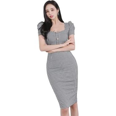 Imagem de Vestidos De Mulheres Verão Casual Decote Quadrado Vestido De Botão Festa Midi Mulheres Manga Bolha Xadrez Vestido Lápis Dividido, Black, S
