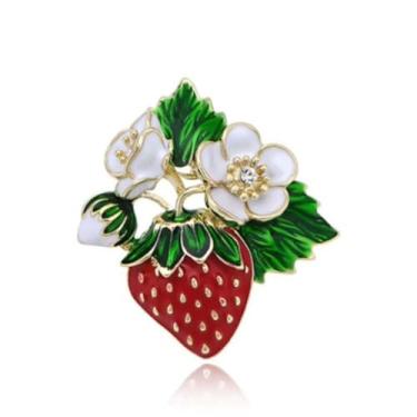 Imagem de Dreuyet Broche de morango com strass para mulheres delicado ramo de folha verde broche de morango broche camisa tachas casamento aniversário feriado roupas acessórios, Medium, Zinco, Zircônia cúbica