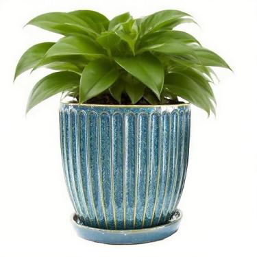 Imagem de Vaso de cerâmica de 15 cm com pires - vasos de plantas de interior para suculentas, orquídeas, ervas | orifício de drenagem e vaso de flores azul moderno para decoração de casa