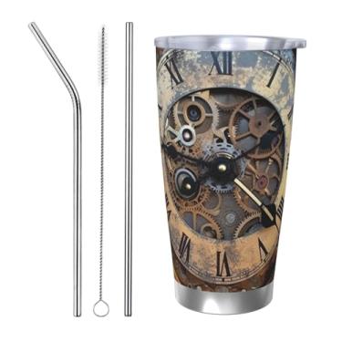 Imagem de HJBNW Copo de aço inoxidável de 590 ml, com tampa e palha, parede dupla, isolada a vácuo, caneca de café, relógio steampunk, copos de café, copo reutilizável, caneca térmica