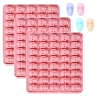 Imagem de Moldes de Halloween, 3 peças de moldes de silicone de terror para chocolate, 120 cavidades, mini cabeça de caveira 3D, molde de silicone de Halloween, moldes engraçados de chocolate para fazer bolo