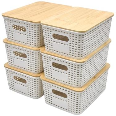 Imagem de SUGOOE Caixa de armazenamento de plástico de 4 litros com tampa de bambu, cestas pequenas empilháveis, recipientes decorativos de despensa para prateleiras, armário, despensa, escritório, casa, branco