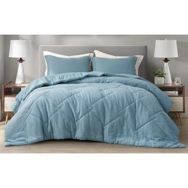Imagem de Chezmoi Collection Skye Conjunto de edredom fino de musselina 100% algodão, tamanho king, azul lago, reversível, macio, lavado, gaze, respirável, leve, cobertor de verão com enchimento de 130 g/m²