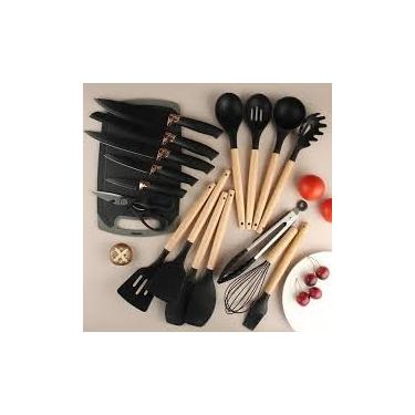 Imagem de Kit Completo de Utensílios de Cozinha Luxo 19 Peças – Inclui Espátulas, Facas, Tesoura e Tábua de Corte em Silicone cores variadas falar com vendedor