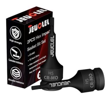 Imagem de JEUCLEL 2 peças de soquete hexagonal de 5 mm, soquete Allen de acionamento de impacto H4 de 1/2 polegada, adaptador de chave de fenda sextavada de aço Cr-Mo para chaves catracas elétricas parafusos de