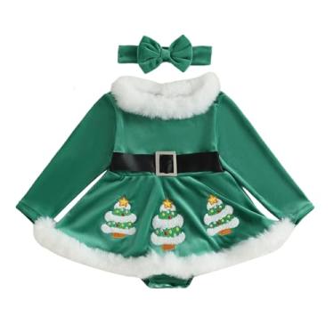 Imagem de Kuriozud Macacão de manga comprida com babados e faixa de cabeça para bebês recém-nascidos, Árvore de Natal verde, 0-3 Months