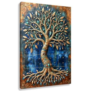 Imagem de Árvore da Vida Arte de parede em tela impressa com folhas verdes galhos marrons para decoração de sala de estar 60x90cmx1