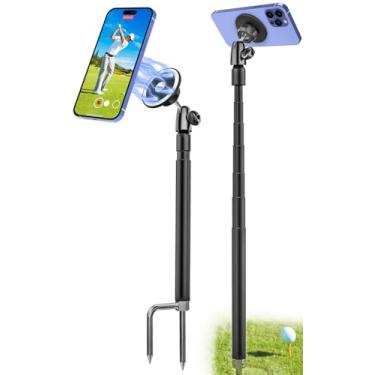 Imagem de woleyi Bastão de monopé de golfe, suporte de telefone swing de golfe, bastão de selfie de liga de alumínio magnético de 117 cm com suporte de estaca de ponta, compatível