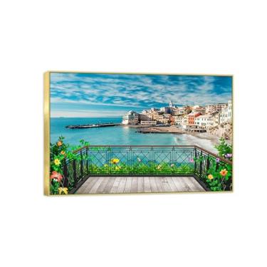 Imagem de Impressão em tela de paisagem - Edifícios Mar-Natureza Pintura de Parede Quadro Dourado Decoração Poster para Sala de Estar Moderna 20x30cm8x12in