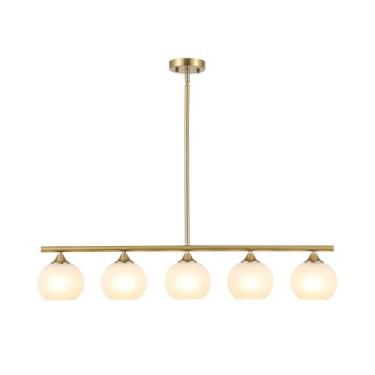 Imagem de BYOLIIMA Lustre linear moderno de latão escovado sobre a mesa sombra de vidro listrado fosco dourado globo Sputnik de meados do século luz pendente casa de fazenda luminária suspensa no teto luminária