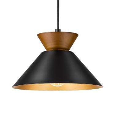 Imagem de ELYONA Luminária pendente moderna ilha de cozinha, lâmpada suspensa de madeira maciça de 25 cm com sombra de metal preto fosco e acabamento interno dourado, luminárias pendentes de fazenda para sala