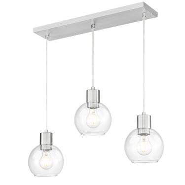 Imagem de LMS Luminária de sala de jantar de níquel escovado, luzes de ilha de vidro globo transparente de 3 luzes, lustres lineares de fazenda para luminárias pendentes de ilha de cozinha, LMS-122SPL-BN3