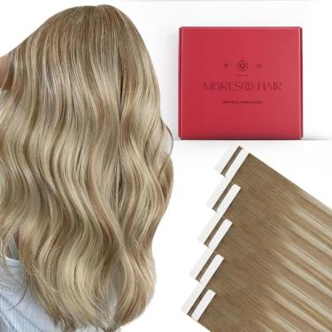 Imagem de Moresoo Extensões de cabelo humano com fita adesiva 40,6 cm 10 peças 25 gramas #8/22/8 Balayage extensões de cabelo castanho claro e loiro platinado sem costura fashion liso