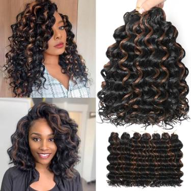 Imagem de Ainroad Cabelo de crochê Ocean Wave 7 pacotes com 30 fios de cabelo curto encaracolado profundo ondulado natural preto trançado, extensões de cabelo trançado de crochê sintético (22,5 cm, 1BP30)