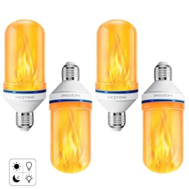 Imagem de Vicstone Lâmpadas LED com chama do anoitecer ao ar livre, 4 modos E26 lâmpadas cintilantes com efeito de cabeça para baixo, lâmpada de fogo para Halloween, Natal, pátio, varanda, festa, casa