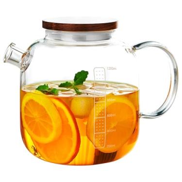 Imagem de Jarra de vidro com tampa e bico, jarro de água de vidro de 1134 g, jarra de vidro para água quente/fria, jarra de água de vidro de 1200 ml para geladeira, bule de vidro, jarro grande de chá gelado